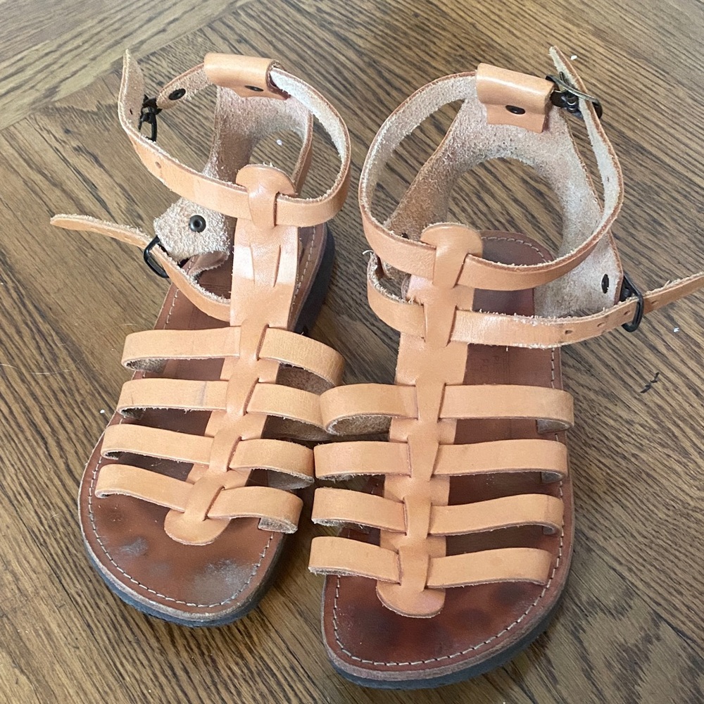Girls Greek Tan Leather Gladiator Sandals - Classic Strappy Design